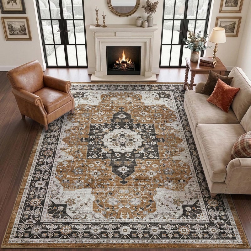 DEXI Area Rug for Living Room, 240x300 cm Washable Vintage Farmhouse Thin Rug Indoor Floor, Non Slip Stain Resistant Low Pile Big Carpet for Dining Room Bedroom Office, Brown - Image 1