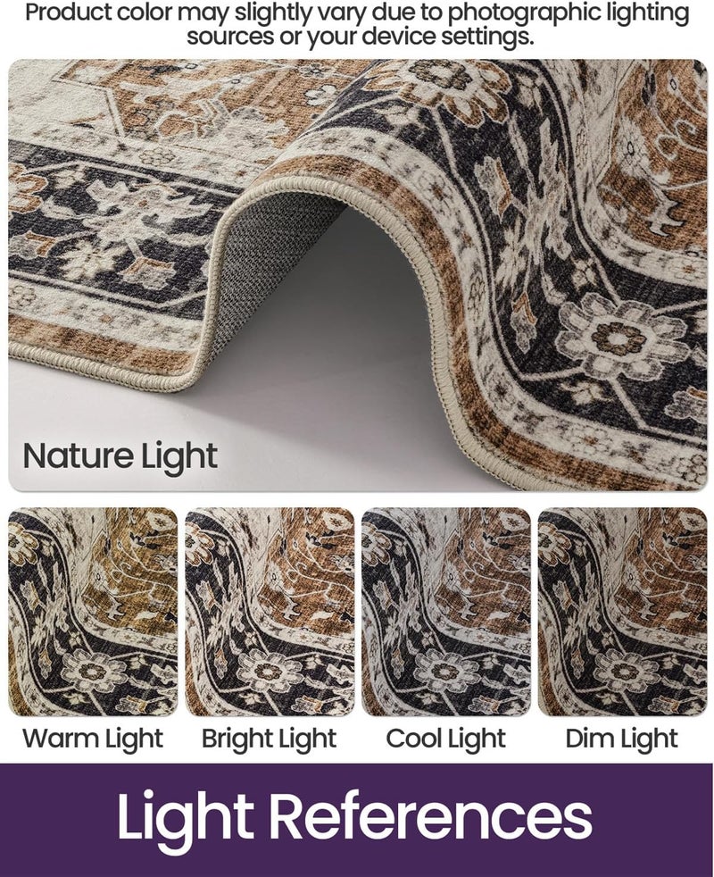 DEXI Area Rug for Living Room, 240x300 cm Washable Vintage Farmhouse Thin Rug Indoor Floor, Non Slip Stain Resistant Low Pile Big Carpet for Dining Room Bedroom Office, Brown - Image 5