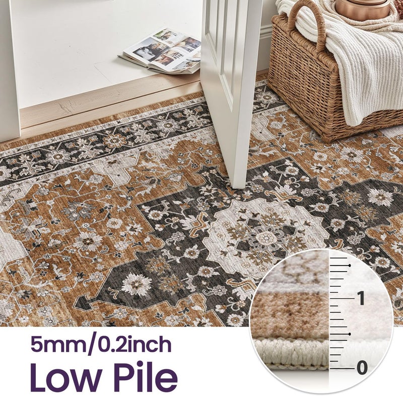 DEXI Area Rug for Living Room, 240x300 cm Washable Vintage Farmhouse Thin Rug Indoor Floor, Non Slip Stain Resistant Low Pile Big Carpet for Dining Room Bedroom Office, Brown - Image 3