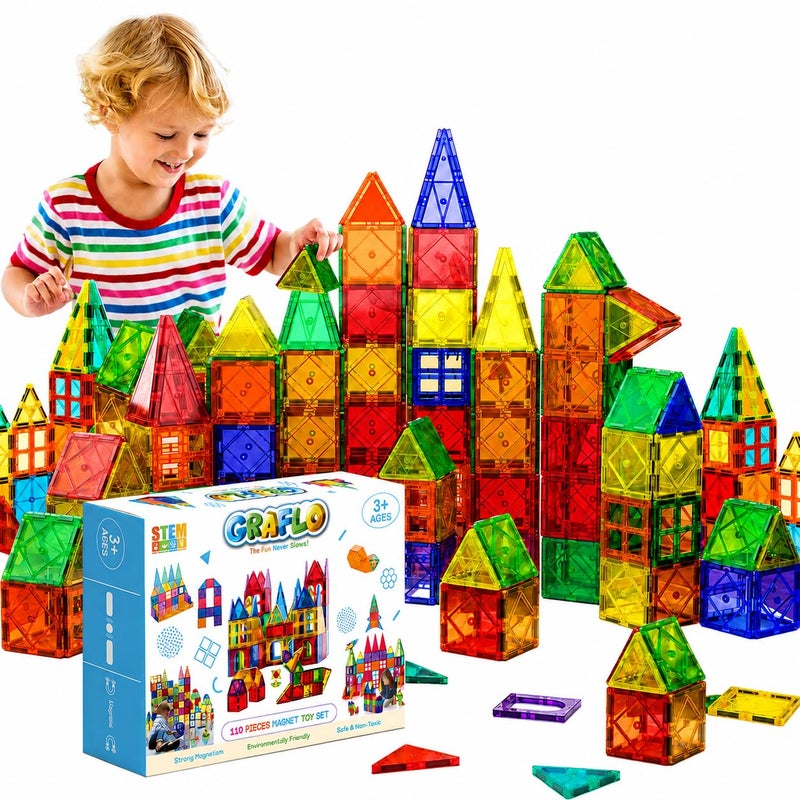 GRAFLO Magnetic Tiles 110 Pcs Building & Construction Set Vibrant 3D Building Toys - Magnetic Tiles for Kids - STEM Toy - Magnet Puzzles Stacking Blocks for Boys Girls - 3+ Years Toys - Image 1
