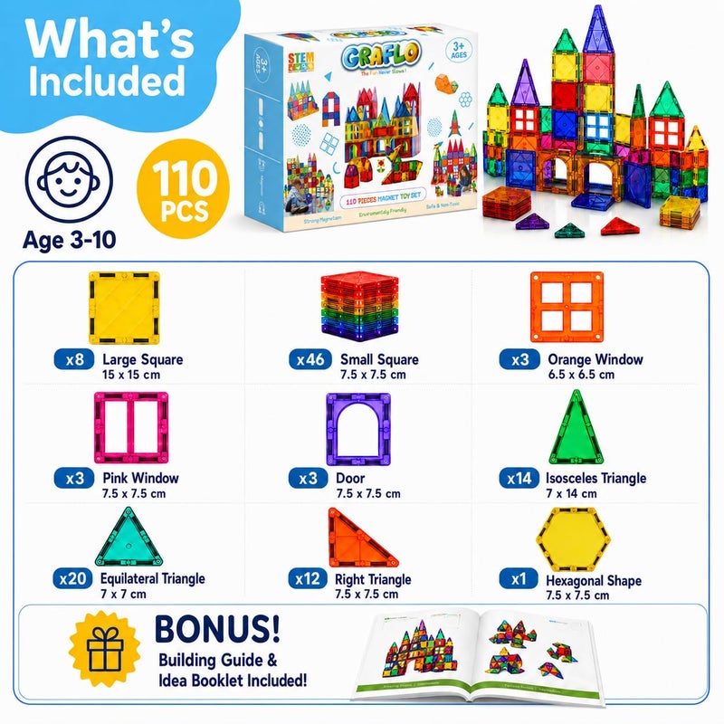 GRAFLO Magnetic Tiles 110 Pcs Building & Construction Set Vibrant 3D Building Toys - Magnetic Tiles for Kids - STEM Toy - Magnet Puzzles Stacking Blocks for Boys Girls - 3+ Years Toys - Image 3
