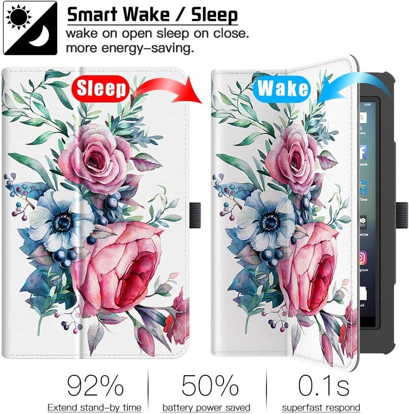 VORI Folio Case for All-New Amazon Fire HD 8 Tablet (5th/6th/7th/8th Generation, 2015/2016/2017/2018 Release) - Slim Fit Premium PU Leather Standing Protective Cover with Auto Wake/Sleep-Peony - Image 3