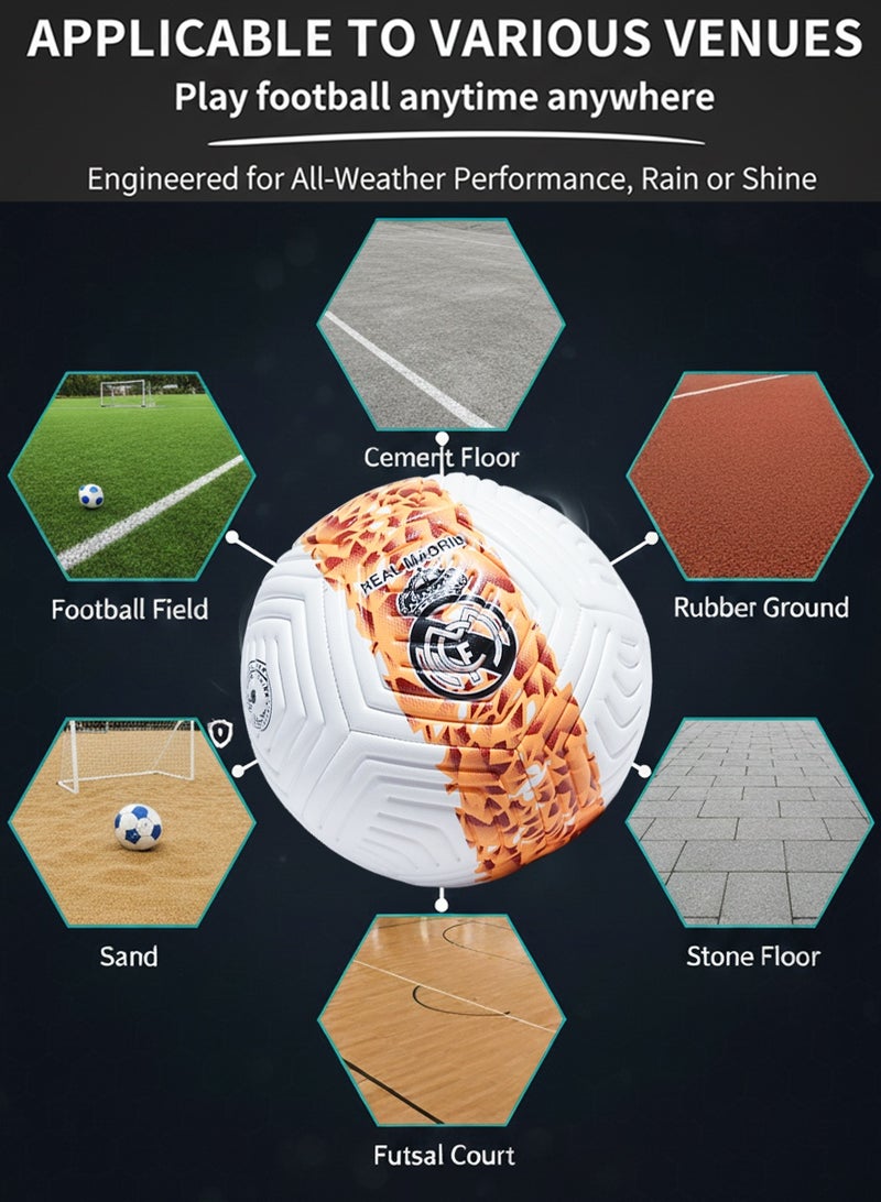 QUTOOB Size 5 Football, Standard Bounce and Stable Swing | Premium Quality PU Leather | Durable Air Retention Technology | Real Madrid Design Ball, Ideal for Training, Casual Play and Matches - Image 3