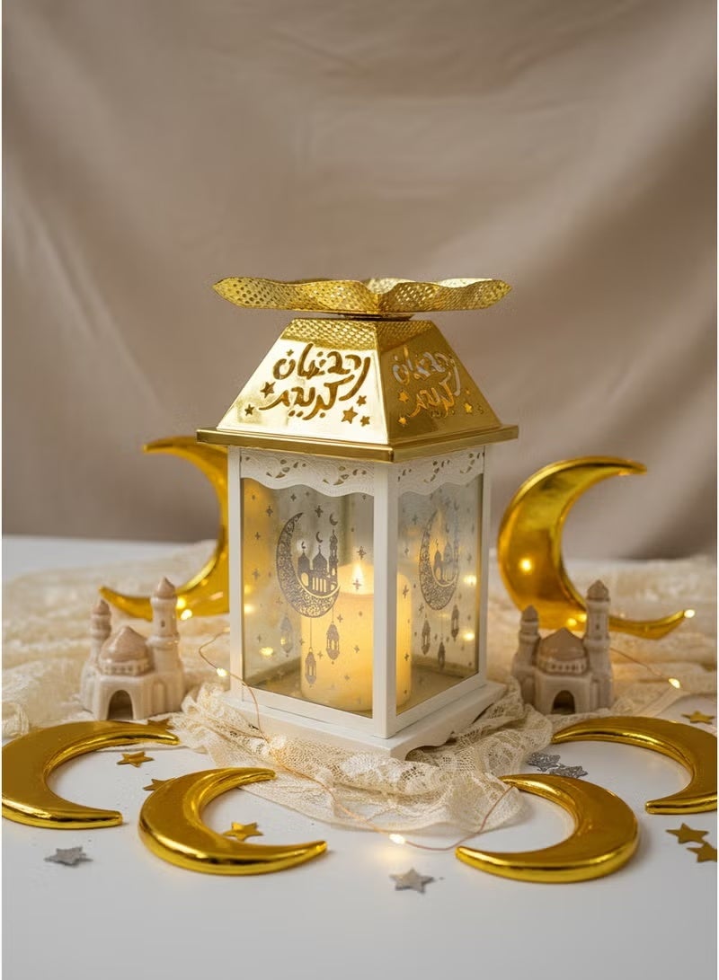 Ramadan Lantern Glass with Gold Steel Touch Islamic Decoration and Serving Plate, White/Gold - Image 1
