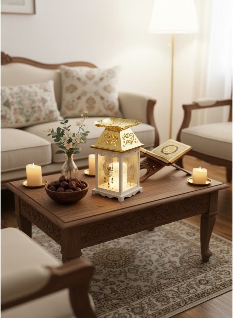 Ramadan Lantern Glass with Gold Steel Touch Islamic Decoration and Serving Plate, White/Gold - Image 2