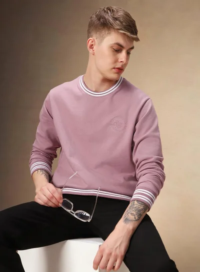 Dennis Lingo Men's Dusty Pink Polyester Blend Solid Regular Fit Sweatshirt