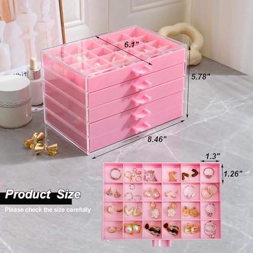 YUFONG Earring Storage Box Organizer, Acrylic Jewelry Storage Box Holder 5 Drawers Transparent Jewelry Display Stand with 120 Small Compartments Gift Boxes for Women Girls (Pink) - Image 3