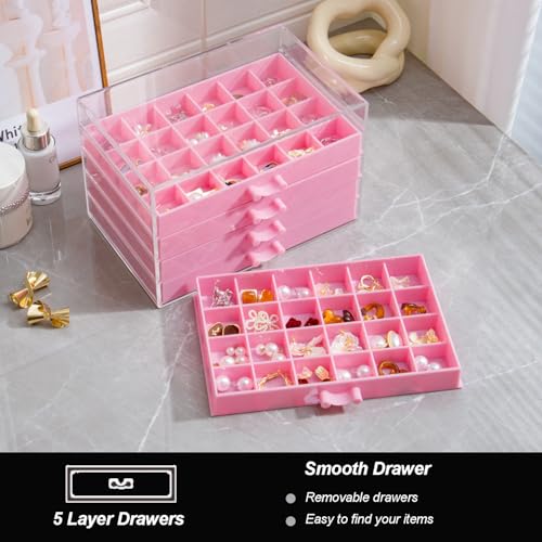 YUFONG Earring Storage Box Organizer, Acrylic Jewelry Storage Box Holder 5 Drawers Transparent Jewelry Display Stand with 120 Small Compartments Gift Boxes for Women Girls (Pink) - Image 4