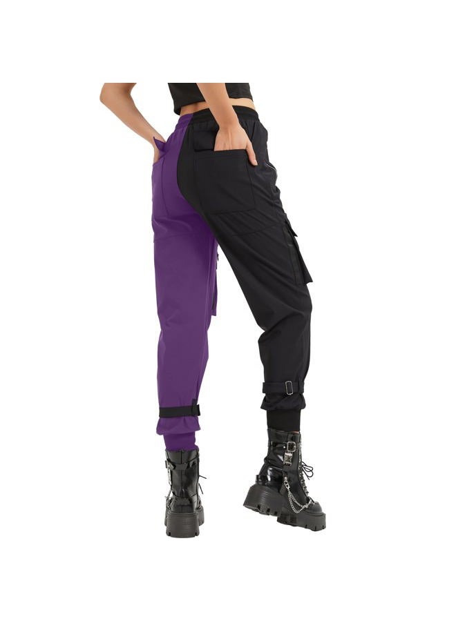 MEINVQIAOTI Black Cargo Pants Women Loose Chained Pants Multi-Pocket Multi-Zip Punk Goth Pants, Black&purple, XL - Image 3