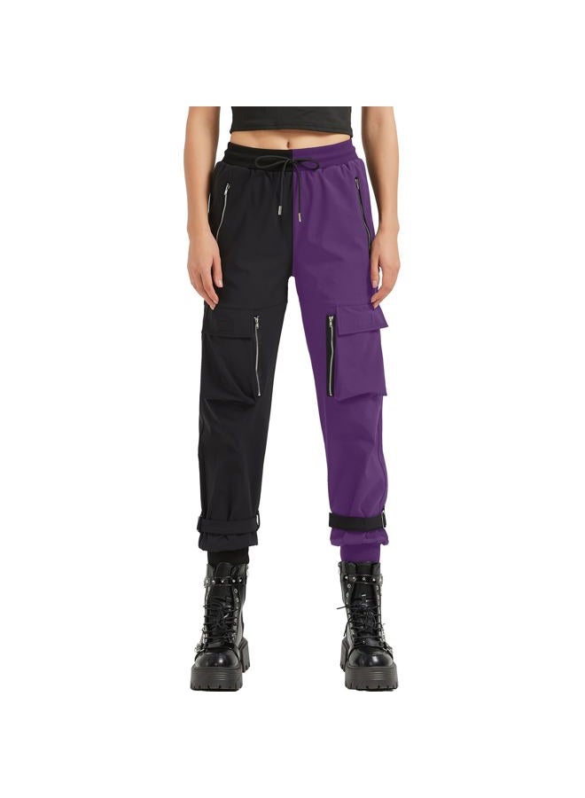 MEINVQIAOTI Black Cargo Pants Women Loose Chained Pants Multi-Pocket Multi-Zip Punk Goth Pants, Black&purple, XL - Image 5