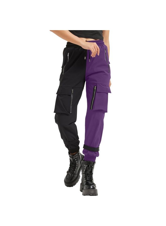 MEINVQIAOTI Black Cargo Pants Women Loose Chained Pants Multi-Pocket Multi-Zip Punk Goth Pants, Black&purple, XL - Image 1