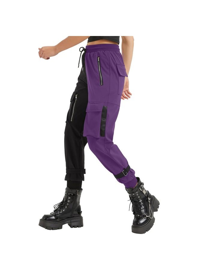 MEINVQIAOTI Black Cargo Pants Women Loose Chained Pants Multi-Pocket Multi-Zip Punk Goth Pants, Black&purple, XL - Image 2