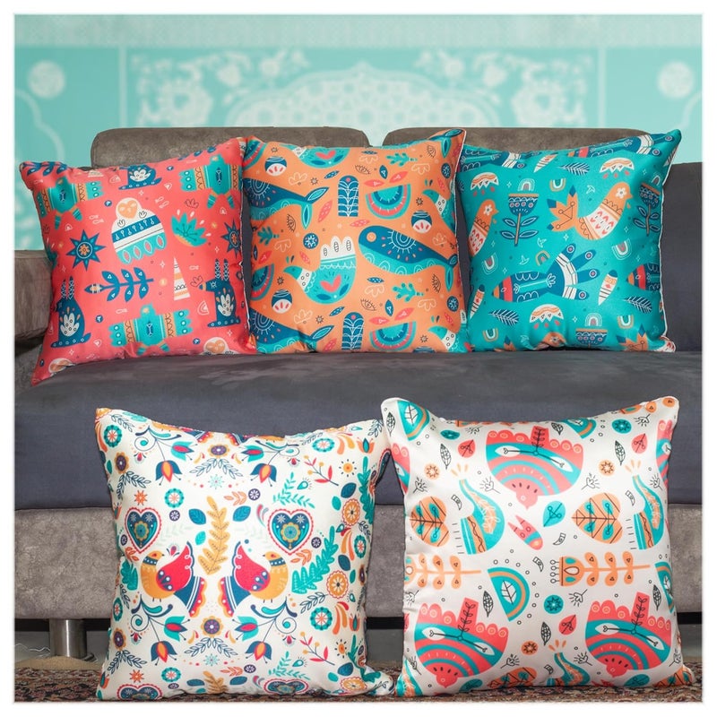 Vendola Satin 250TC Sofa Cushion Pillow Covers Multicolor Set of 5 Cushion CoversOrca 12x12 Inches - Image 1
