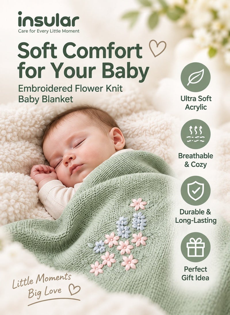 insular Embroidered Flower Knit Baby Blanket, 70×90cm Soft Acrylic Breathable Blanket for Newborn, Light Green Crochet Swaddle Blanket for Crib, Stroller, Travel, Baby Shower Gift - Image 2