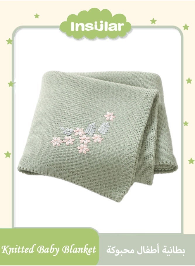 insular Embroidered Flower Knit Baby Blanket, 70×90cm Soft Acrylic Breathable Blanket for Newborn, Light Green Crochet Swaddle Blanket for Crib, Stroller, Travel, Baby Shower Gift - Image 1