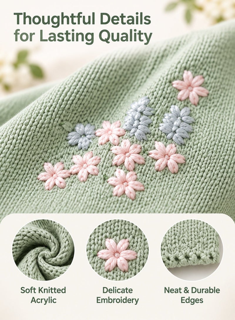 insular Embroidered Flower Knit Baby Blanket, 70×90cm Soft Acrylic Breathable Blanket for Newborn, Light Green Crochet Swaddle Blanket for Crib, Stroller, Travel, Baby Shower Gift - Image 4