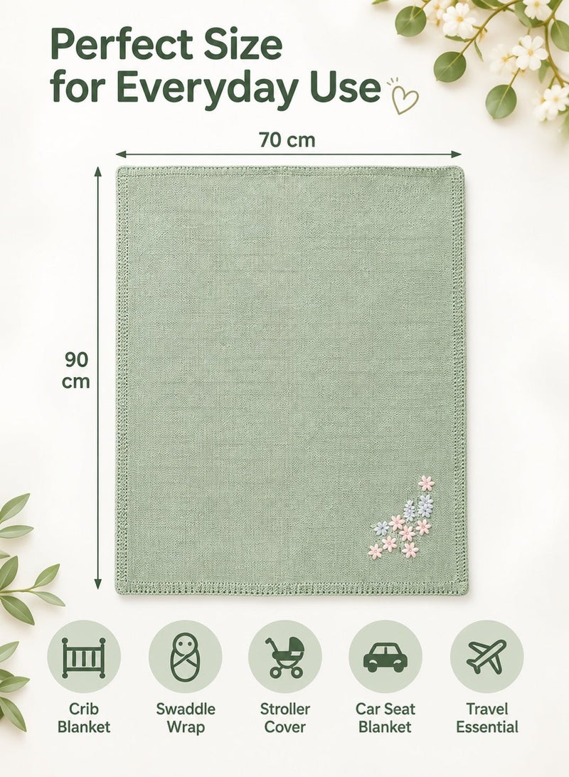 insular Embroidered Flower Knit Baby Blanket, 70×90cm Soft Acrylic Breathable Blanket for Newborn, Light Green Crochet Swaddle Blanket for Crib, Stroller, Travel, Baby Shower Gift - Image 3