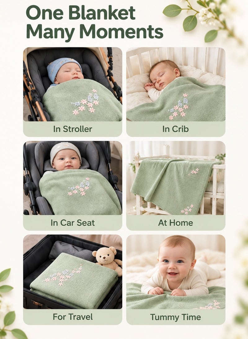 insular Embroidered Flower Knit Baby Blanket, 70×90cm Soft Acrylic Breathable Blanket for Newborn, Light Green Crochet Swaddle Blanket for Crib, Stroller, Travel, Baby Shower Gift - Image 5