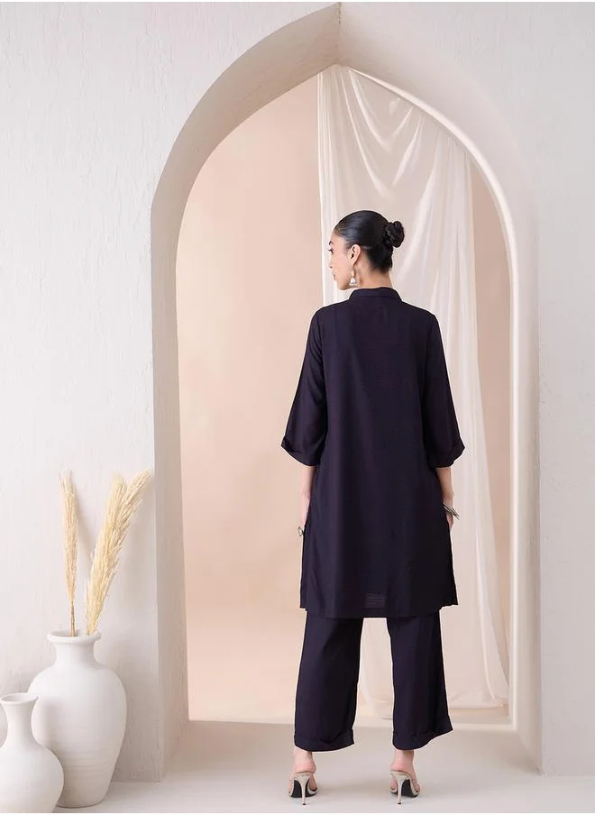 فيميلا Solid Mandarin Collar Tunic with Pants Co-Ords