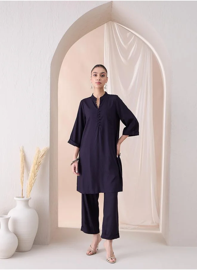 فيميلا Solid Mandarin Collar Tunic with Pants Co-Ords