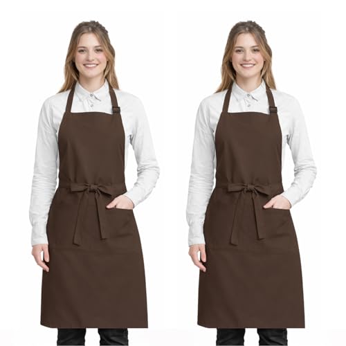CRASOME Apron for Kitchen | Unisex Cooking Apron with 2 Pockets and Adjustable Straps | Apron for Chef, Hotel, Cafe, Restaurant, Gardening, Workshop (Brown Pack of 2) - Image 1