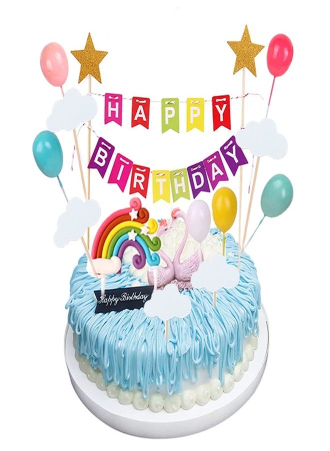MEMOVAN Rainbow Cake Topper 15pcs Happy Birthday Cake Flag Banner, Colorful Rainbow Clouds Balloon Ball Cake Cupcake Topper Colorful Rainbows Cake Decoration for Boys Girls Birthday Baby Shower Party - Image 3