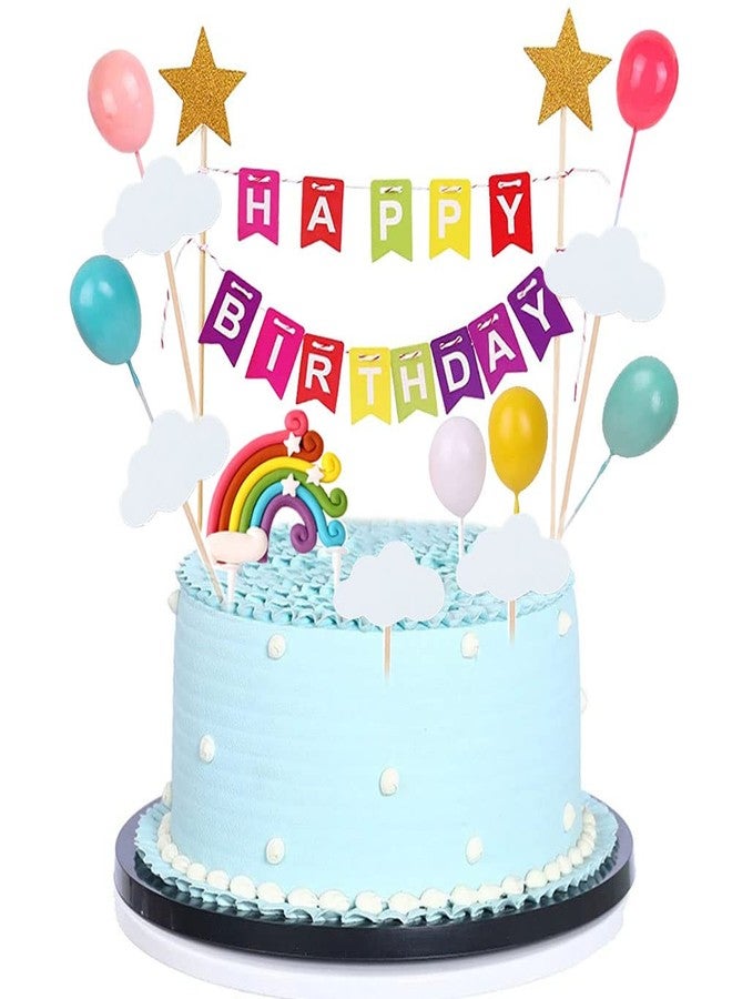MEMOVAN Rainbow Cake Topper 15pcs Happy Birthday Cake Flag Banner, Colorful Rainbow Clouds Balloon Ball Cake Cupcake Topper Colorful Rainbows Cake Decoration for Boys Girls Birthday Baby Shower Party - Image 1