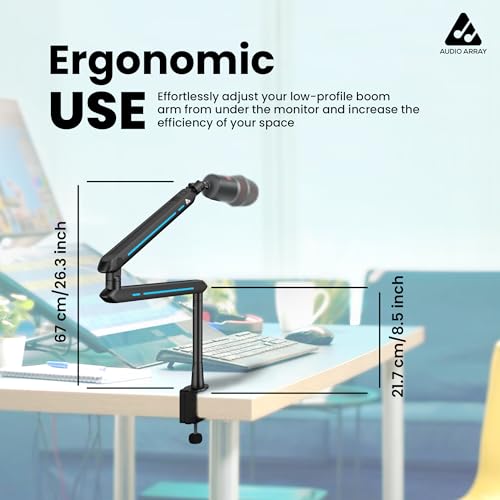 Audio Array AA-19BL RGB Low Profile Boomarm Stand with Riser | 71cm reach & 20 RGB lighting effects & Built-In Cable Management | Matte finish with Flexible adjustments | 2Kg Weight Capacity | Black - Image 2