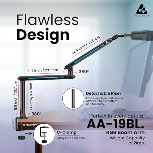 Audio Array AA-19BL RGB Low Profile Boomarm Stand with Riser | 71cm reach & 20 RGB lighting effects & Built-In Cable Management | Matte finish with Flexible adjustments | 2Kg Weight Capacity | Black - Image 4