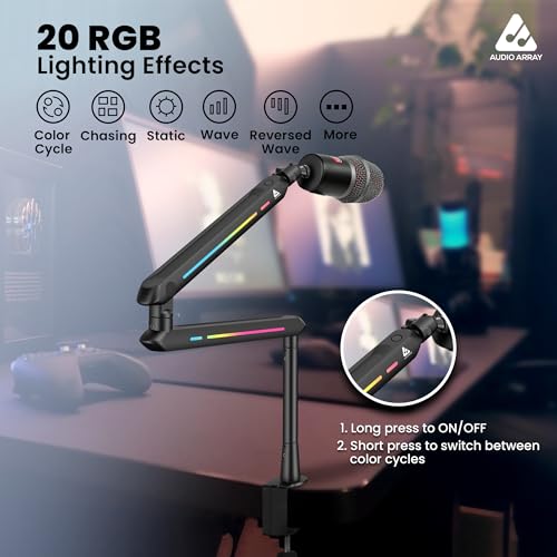 Audio Array AA-19BL RGB Low Profile Boomarm Stand with Riser | 71cm reach & 20 RGB lighting effects & Built-In Cable Management | Matte finish with Flexible adjustments | 2Kg Weight Capacity | Black - Image 5