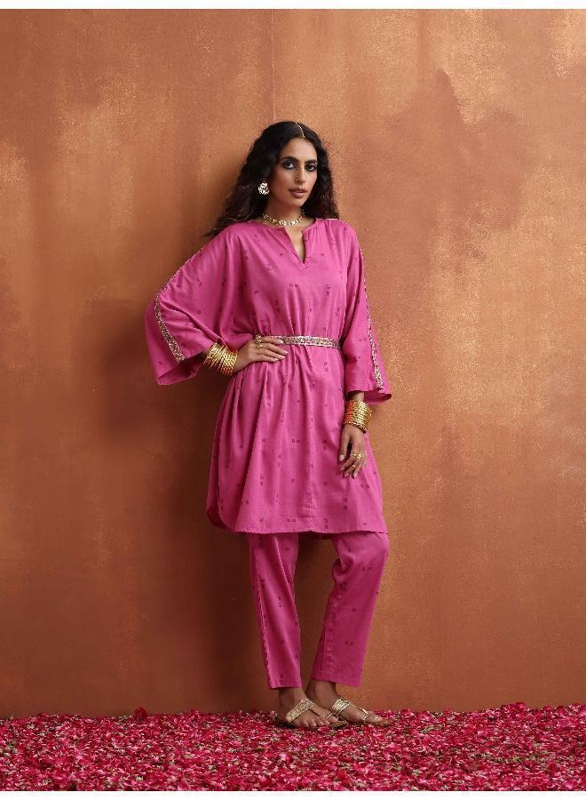 trueBrowns Pink Print Kaftan Kurta Co-ord Set - Image 3