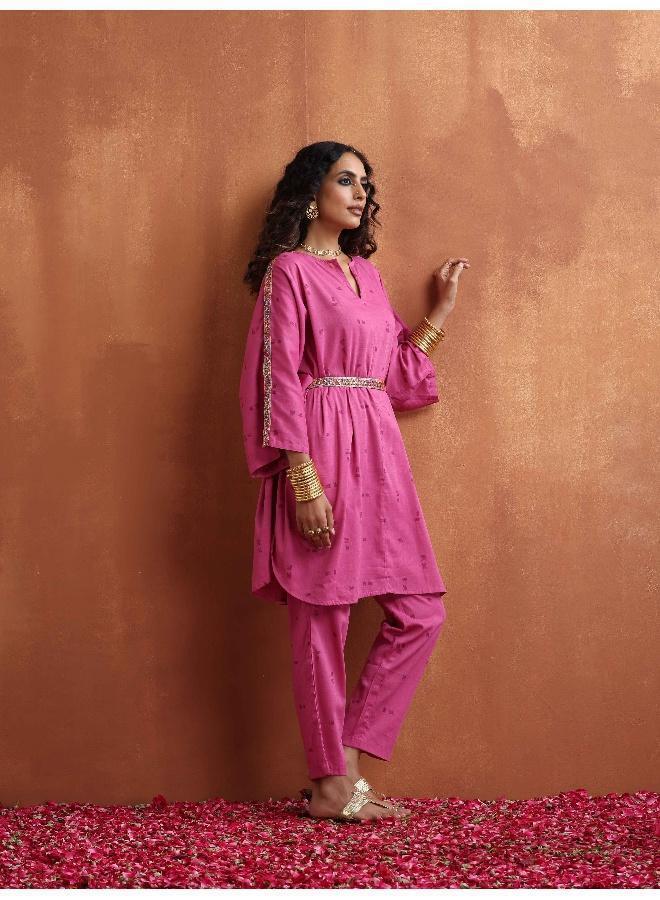 trueBrowns Pink Print Kaftan Kurta Co-ord Set - Image 5