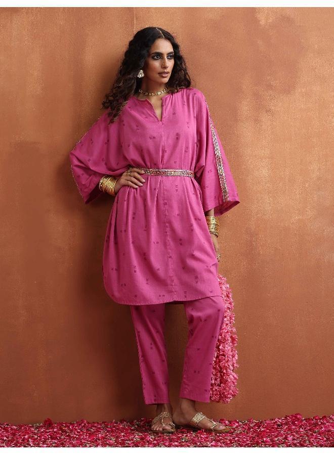 trueBrowns Pink Print Kaftan Kurta Co-ord Set - Image 1