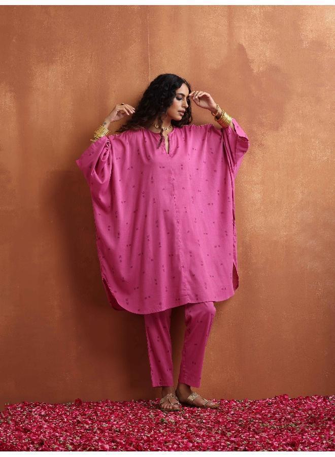 trueBrowns Pink Print Kaftan Kurta Co-ord Set - Image 2