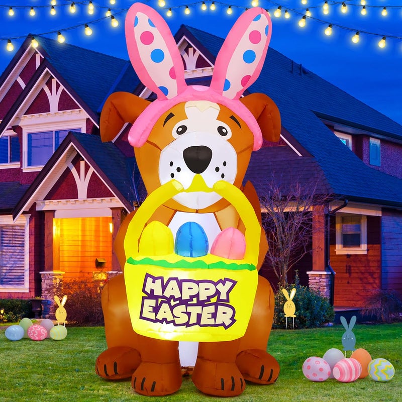 GOOSH 5.2 FT Easter Inflatables Dog Outdoor Decorations Blow Up Yard Cute Dog with Easter Eggs with Built-in LEDs for Easter Party Yard Garden Lawn Holiday Decor - Image 1