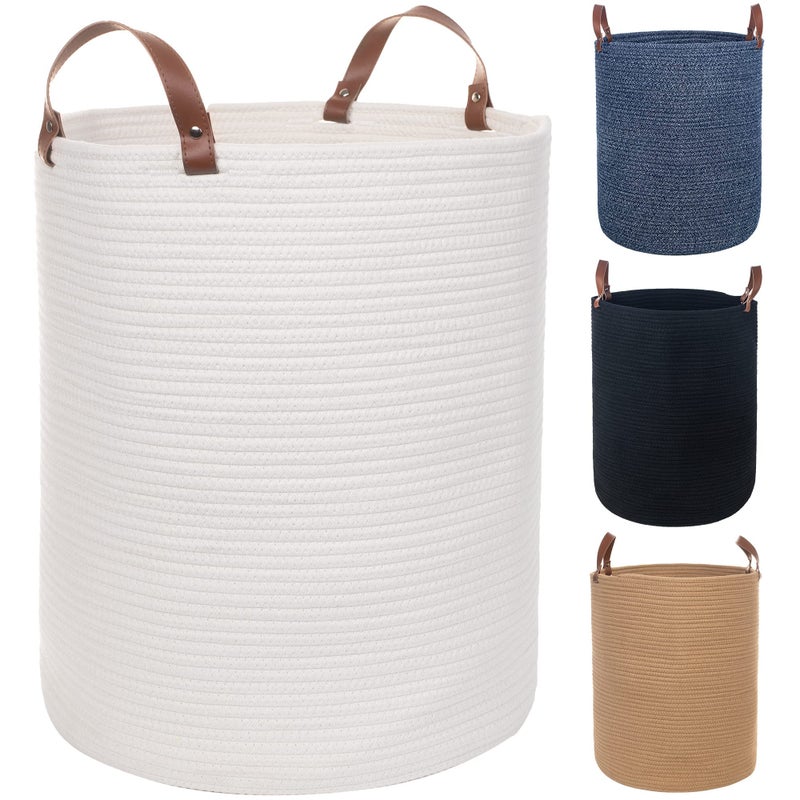 Twira Twira Extra Large 20x16 Inches Cotton Rope Basket Woven Baby Laundry Blanket Basket with Leather Handle Toy Basket Storage Baskets Bin for Yoga Mat Towel White 