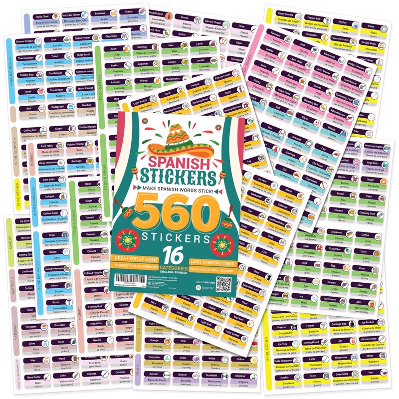 Spanish Vocabulary Word Stickers 560 Bilingual Labels with Pronunciation Educational Learning Tool for Kids Students Adults Briston Spanish Edition