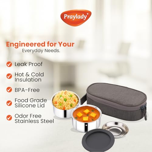 Praylady Lunchmate | Stainless Steel 2-Container Insulated Lunch Box with Food-Grade Silicone Lid | Leak-Proof, Hot & Cold Tiffin with Bag | Keeps Food Fresh & Warm (300ML) - Image 5