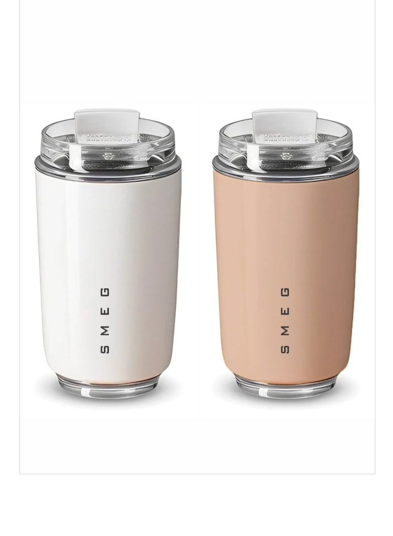 smeg Travel Mug, Insulated Coffee Tumbler, Leak Proof Stainless Steel Thermal Reusable Coffee Cup, Lightweight And Portable Drink Container For Office Traveling, (Pack Of 2pcs, 350ML, White And Pink) - Image 1
