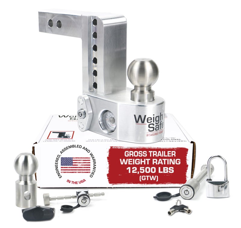 Weigh Safe Aluminum Adjustable Trailer Hitch Towing Hitch with BuiltIn Tongue Weight Scale Compatible with 2 Receivers 6 Drop Stainless Steel Tow Balls 12500 GTW 4Piece Lock Set