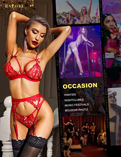 RSLOVE Women Lace Lingerie Set with Garter Belts Bralette and Panty Set Lace Teddy Babydoll Bodysuit Red M - Image 4