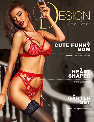 RSLOVE Women Lace Lingerie Set with Garter Belts Bralette and Panty Set Lace Teddy Babydoll Bodysuit Red M - Image 3