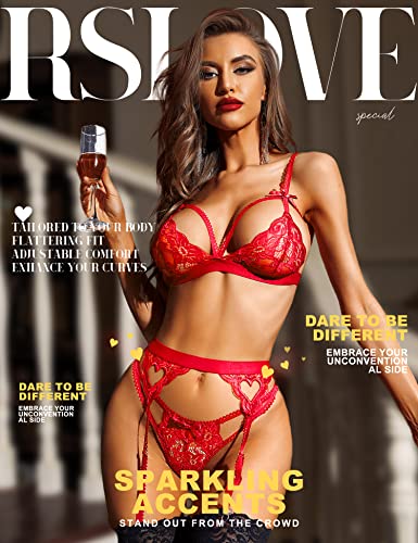 RSLOVE Women Lace Lingerie Set with Garter Belts Bralette and Panty Set Lace Teddy Babydoll Bodysuit Red M - Image 2