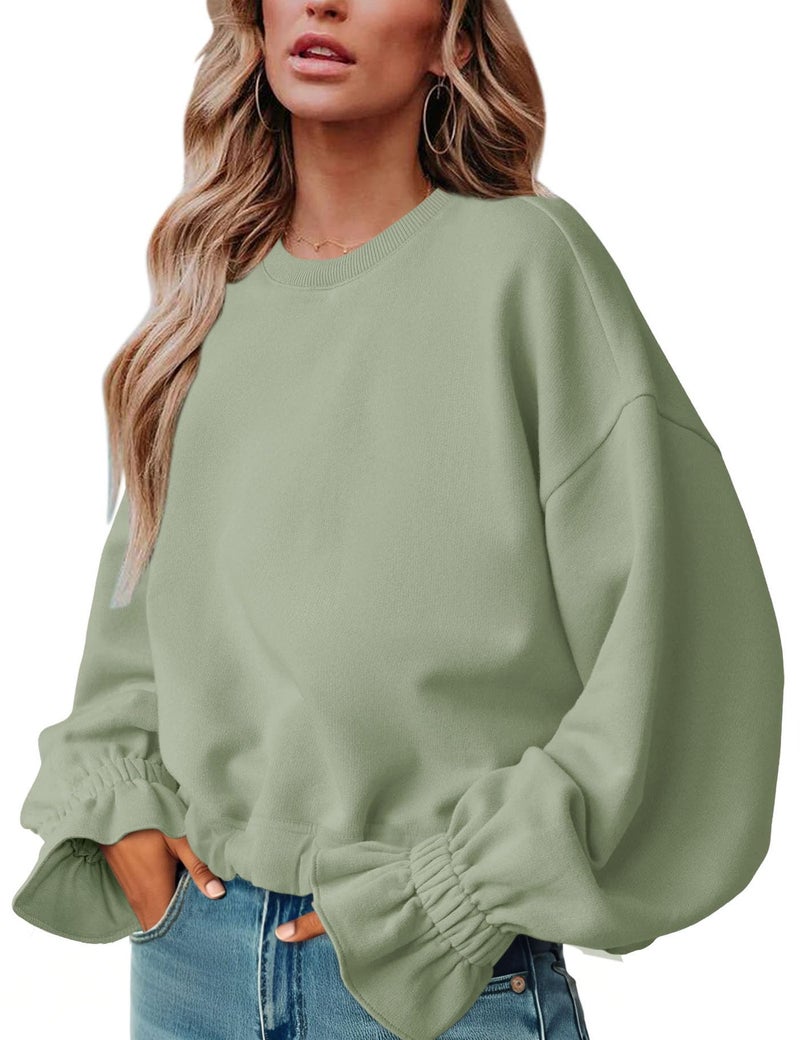 PRETTODAY Women's Casual Crew Neck Sweatshirt Long Sleeve Ruched Solid Loose Fitting Pullover Tops Green - Image 1