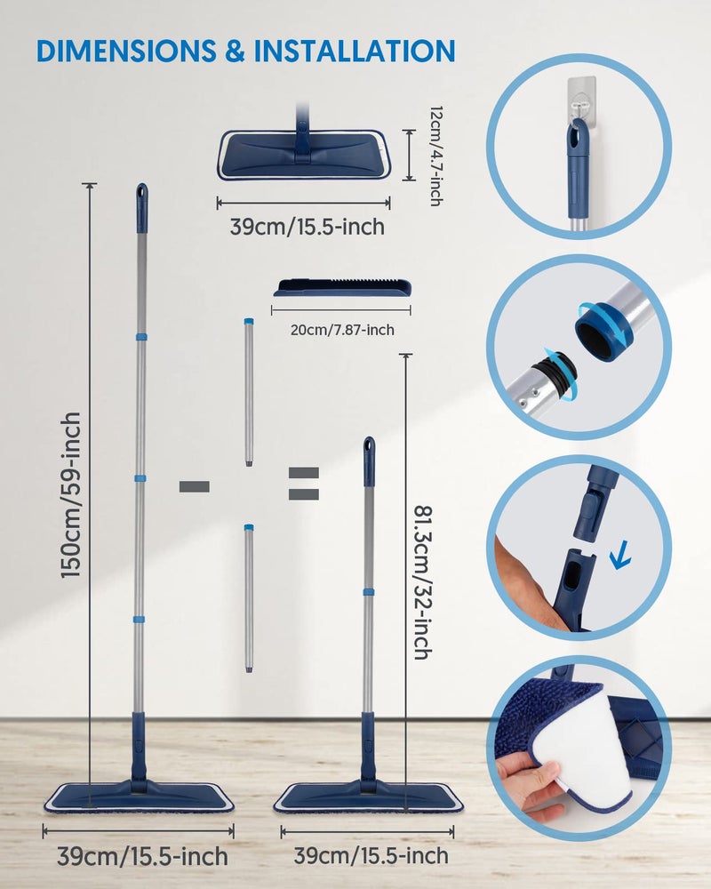 BPAWA Microfiber Mops for Floor Cleaning - BPAWA Flat Floor Mop Wet Dry Use for Hardwood Floors Laminate Wood Tile Vinyl Wall Hard Surface, Bathroom Kitchen Dust Mop with 4 Reusable Washable Chenille Pads - Image 5