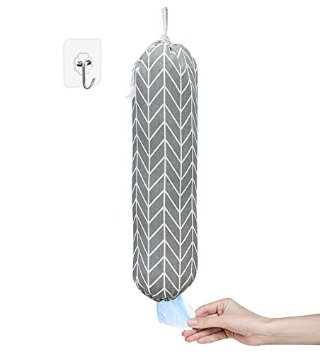 SYIPO Wall Mount Plastic Grocery Bag Organizer/Holder,Washable Shopping Bags Carrier,Storage Dispenser ​for Home Kitchen Travelling, Free Adjustment with Drawstring, Large, Gray, 22x9" - Image 1