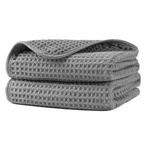 Microfiber Waffle Hand Towels, 2 Pieces, Soft, Absorbent, Fast Drying, Lint Free 430 GSM (Gray) - Image 1