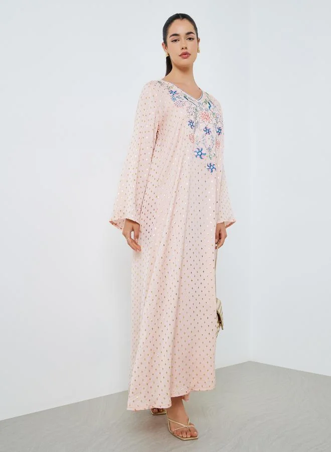 Amirah Women Pink Foil Print Embroidered A-Line Jalabiya