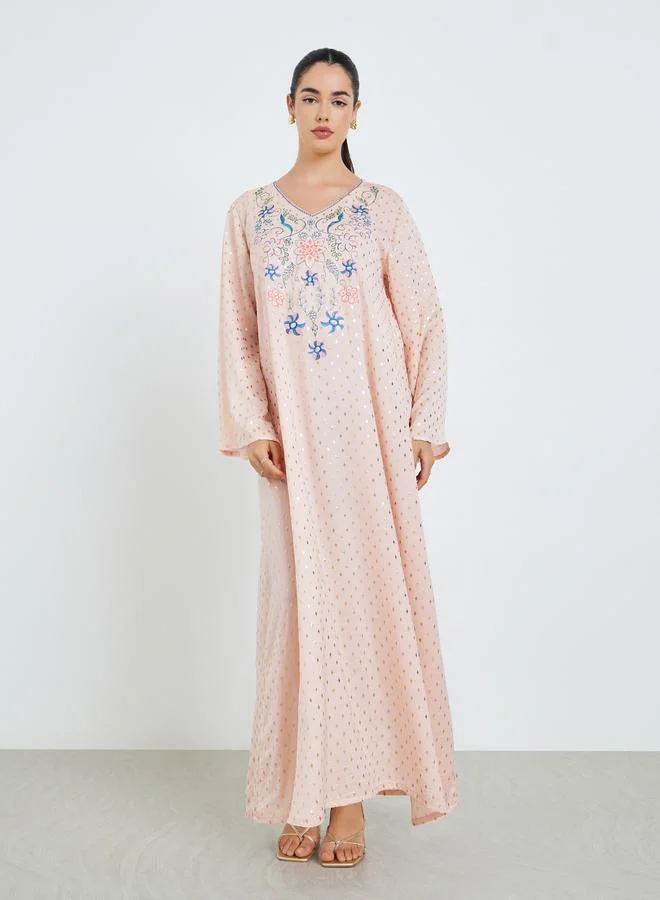 Women Pink Foil Print Embroidered A-Line Jalabiya