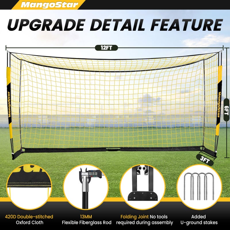 MangoStar Soccer Goal, 12X6 FT Soccer Goal for Backyard Portable Net Collapsible Metal Base, Quick Set Up Soccer Net for Indoor Outdoor Practice Training with Carry Bag - Image 2
